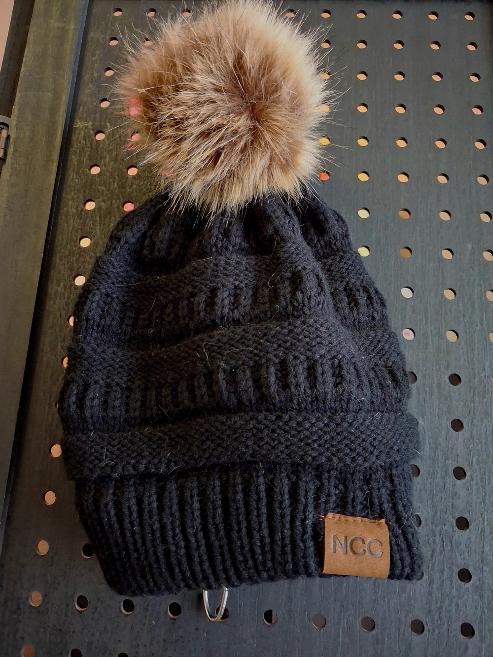 NATURAL CANNABIS COMPANY- Womens  Black Knit Pom Beanie with Faux Fur Pom